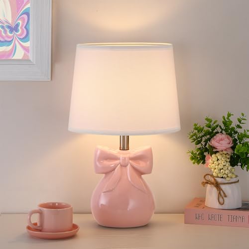Hapcrea 19-Inch Pink Bow Table Lamp for Girls' Room, Kids Bedroom Decor