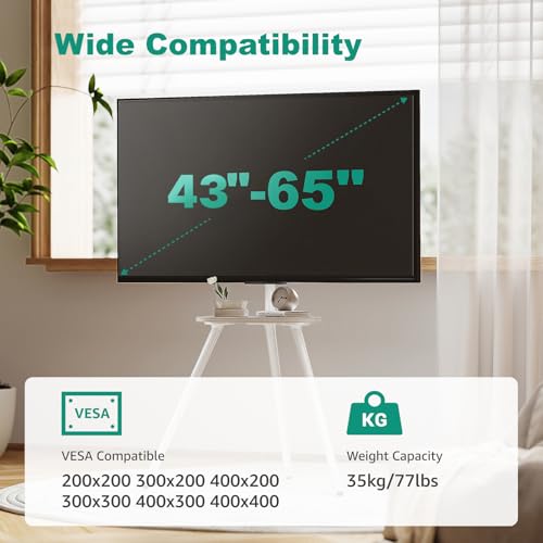ECOTINY White Metal Tripod TV Stand for 43-65 Inch Flat Screen TVs with Swivel & Wooden Shelf