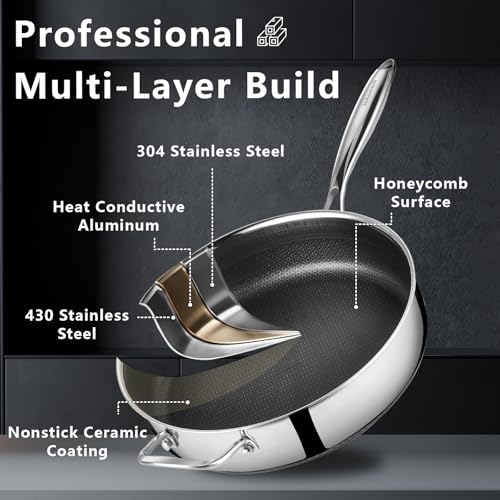 12-Inch Hybrid Nonstick Deep Sauté Pan with Lid - 5.6 Qt Stainless Steel