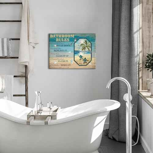 Sea Turtle Bathroom Decor Teal Blue Bathroom Rules Wall Art Beach Themed Funny Quotes Words Pictures Farmhouse Toilet Sign Canvas Prints Artwork for Restroom Door Bath Laundry Home Decorations 12x16"