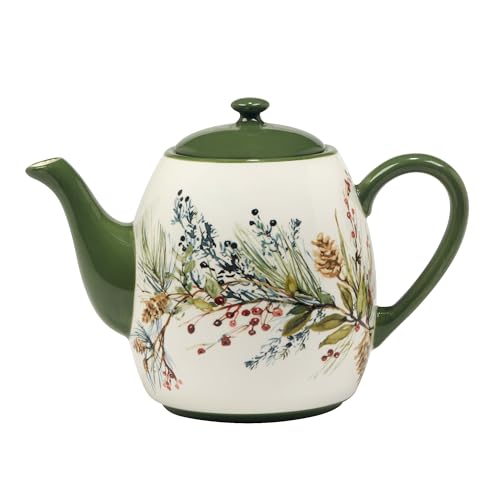 Ceramic Winter Forest Teapot 36 oz. - Holiday Pinecones & Evergreen Design