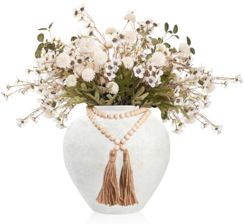 White Large Round Faux Silk Mum Flower Arrangement in Rustic Vase - 22 Pcs