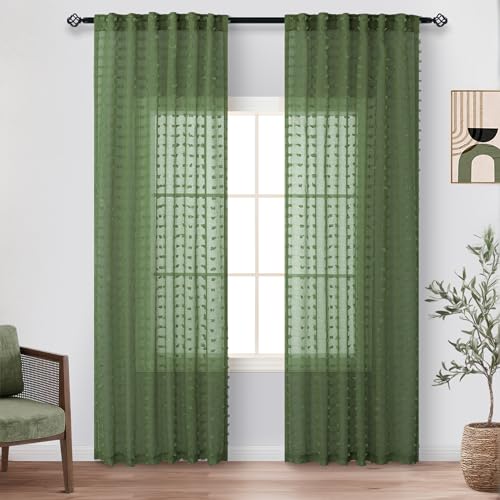 DANCURTON Olive Green Sheer Curtains 52x84 Inches Set of 2 Boho Pom Pom Window Treatments