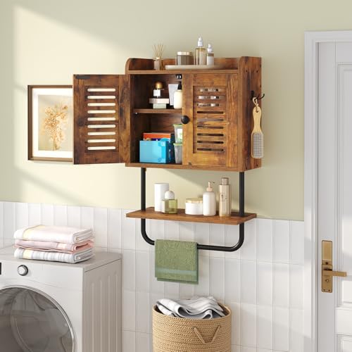 HOOBRO Wall Cabinet for Bathroom Kitchen Rustic Brown & Black, Double Doors, Towel Bar, Adjustable Shelf