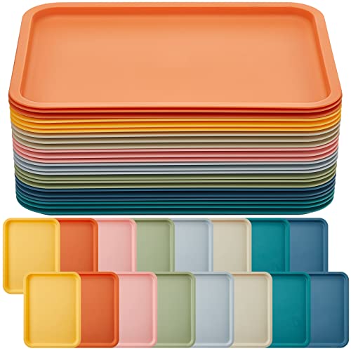 Colorful Plastic Serving Trays - 24 Pack Rectangular Food Platters for Cafeteria & Restaurant - Elegant Colors