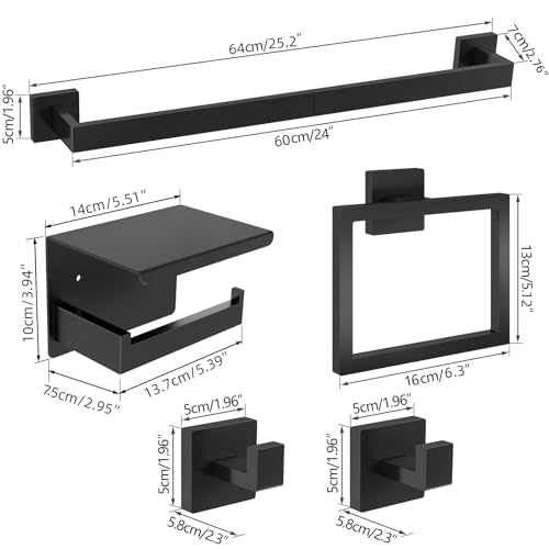 Black 24 Inch 5-Piece Bathroom Hardware Set - Towel Rack, Ring, Hooks & Toilet Paper Holder