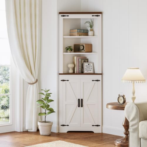White & Brown Corner Storage Cabinet with Doors and Shelves - Tall 68''