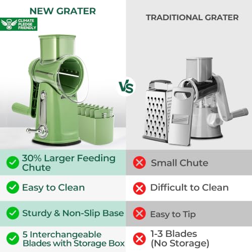 SUSTEAS Rotary Cheese Grater - Large Vegetable Food Shredder - Green