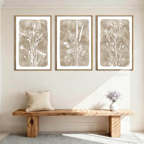 ANHUIB Beige Floral Canvas Wall Art Set of 3 16x24 Inches Framed Botanical Decor for Living Room Bedroom Office Variation: 24"L x 16"W