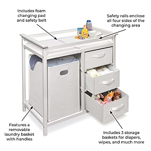 Badger Basket White Baby Changing Table with Laundry Hamper & Storage - Modern Nursery Furniture
