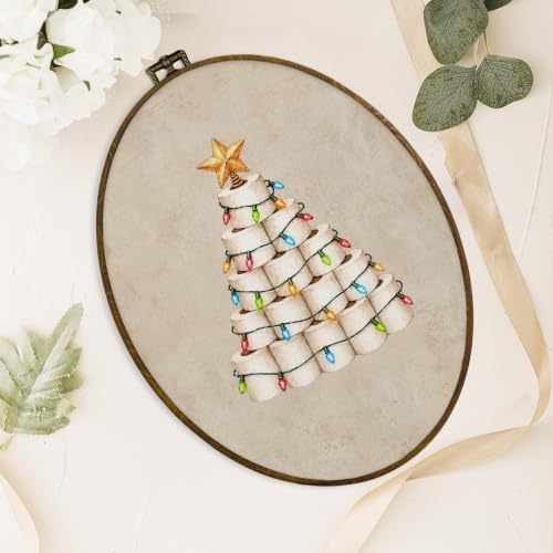 Vintage Christmas Toilet Paper Tree Wall Art - Framed Oval Canvas, 11.3x8.7 inch