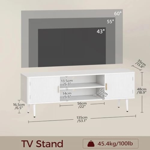 Modern TV Stand for 60 Inch TVs with Fluted Cabinet Doors and Adjustable Shelves