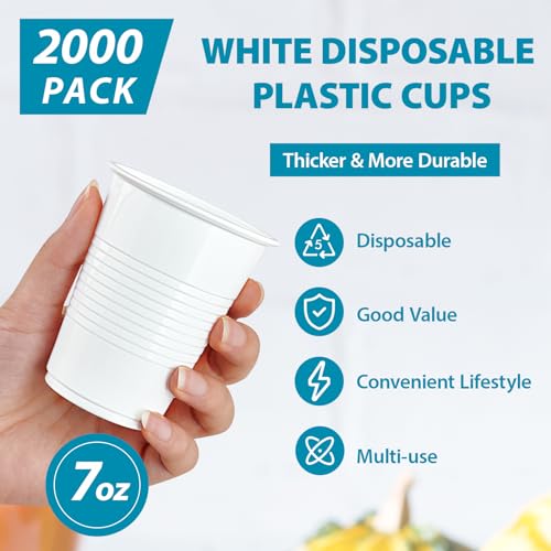 Disposable Plastic Cups 7 oz White Pack of 2000 - Durable & Suitable for Cold Drinks