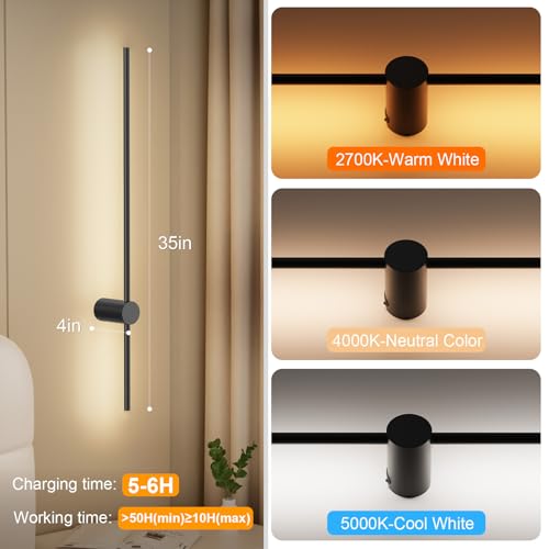 NIORSUN Black 35.4 Inch Rechargeable LED Wall Sconce Set of 2 with Remote - Dimmable Wireless Modern Lighting for Living Room & Bedroom