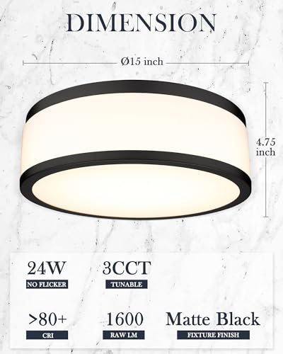 LMS Black 15 Inch Dimmable LED Flush Mount Ceiling Light for Kitchen & Hallway