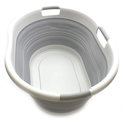 57L Collapsible Plastic Laundry Basket with Handles - Grey, Space Saving