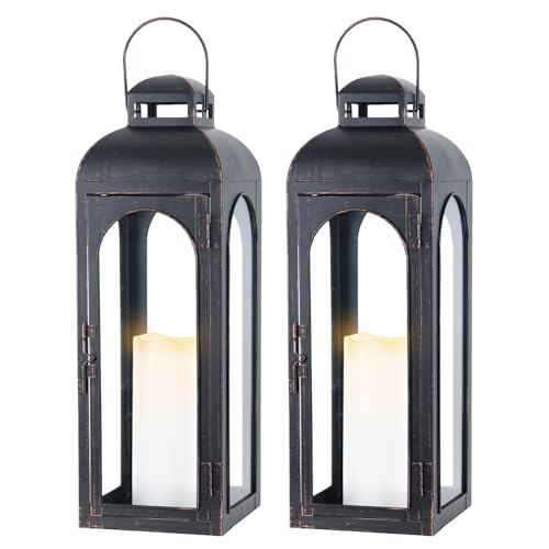 NEEDOMO 22-Inch Set of 2 Bronze Metal Lanterns with Tempered Glass Panels - Indoor & Outdoor Decorative Hurricane Lights
