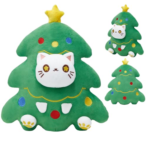 Christmas Tree Cat Stuffed Animals, 12-Inch Cute Cat Plush Pillow Kitten Toy Kawaii Plushie Soft Toy Gift for Birthday Valentine