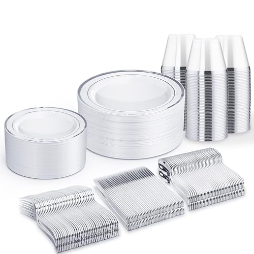 Silver Plastic Dinnerware Set for 50 Guests - 300 Pcs, Elegant Disposable Plates & Silverware