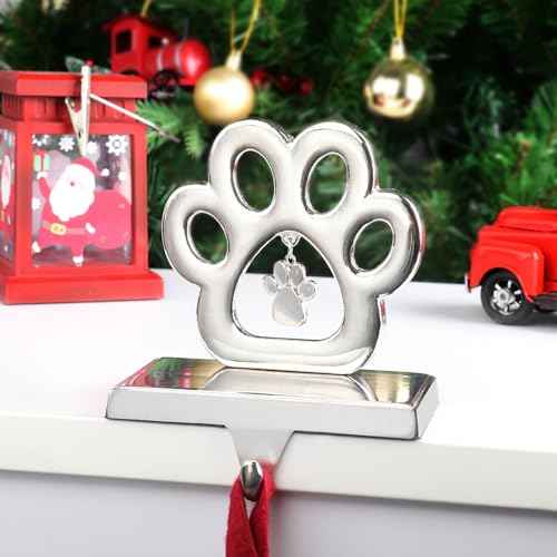 Hooqict 3D Dog Paw Christmas Stocking Holder with Pendant for Mantel Silver Metal Pet Paw Fireplace Decorations Stocking Holder Christmas Stocking Hanger for Christmas Decorations Xmas Holiday Supplie