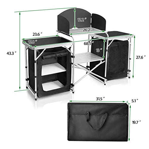 CampLand Folding Camping Kitchen Table with Windscreen & Storage Cabinet - Black2cabinet