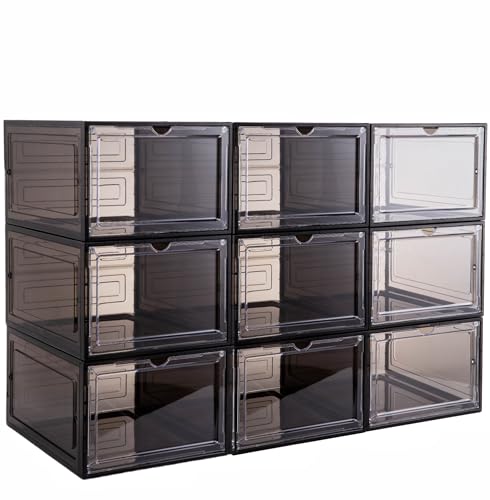 Attelite Clear Black Stackable Shoe Storage Boxes 9-Pack XL with Magnetic Doors