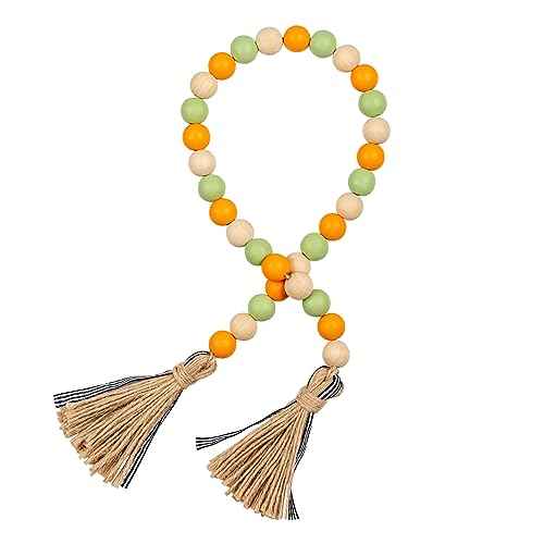 Fall Wood Bead Garland Tassels Thanksgiving Farmhouse Tiered Tray Holiday Decorations Rustic Wooden Bead Jute Rope Plaid Autumn Retro Country Home Decor for Nursery Room Vase (Green & Orange & Beige)