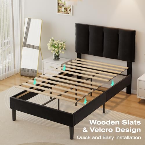 VECELO Twin Size Bed Frame with Upholstered Headboard - Black, 2-Black