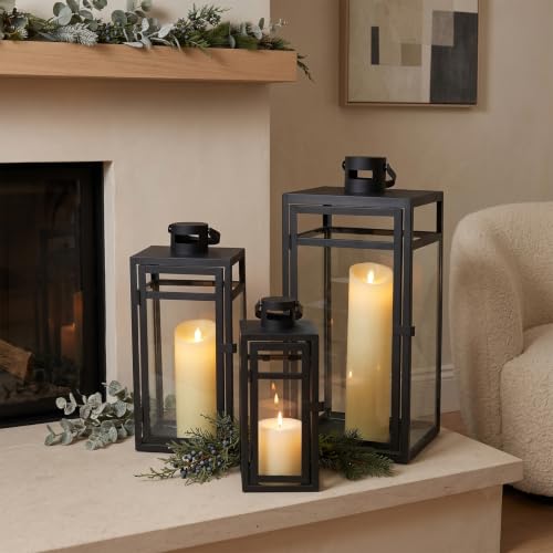 Black Stainless Steel Lanterns Set of 3 Outdoor & Indoor Candle Holders - Farmhouse Decor