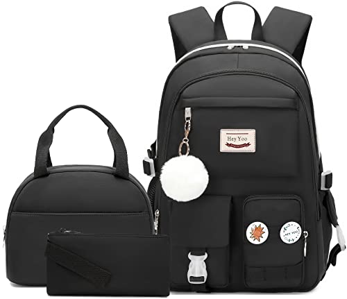 Girls School Backpack Set with Lunch Box & Pencil Case - Black