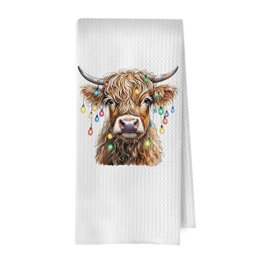 Highland Cow Christmas Towel - 16x24 In Waffle Dish Tea Kitchen Towel ( Highland Cow-05 )