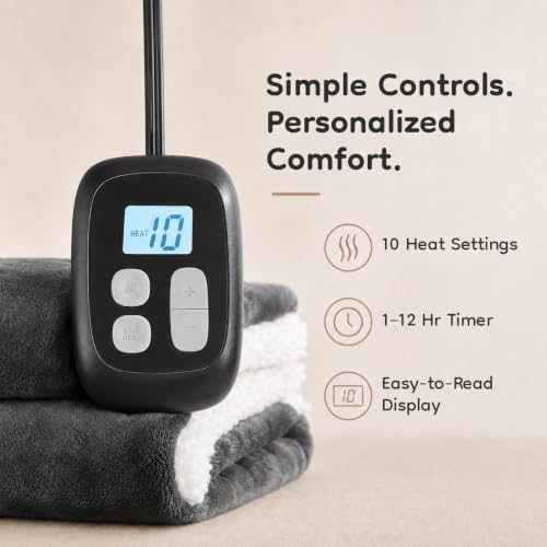 LaffyLo Full Size Electric Heated Blanket 72x84 Dark Grey with 10 Heat Settings