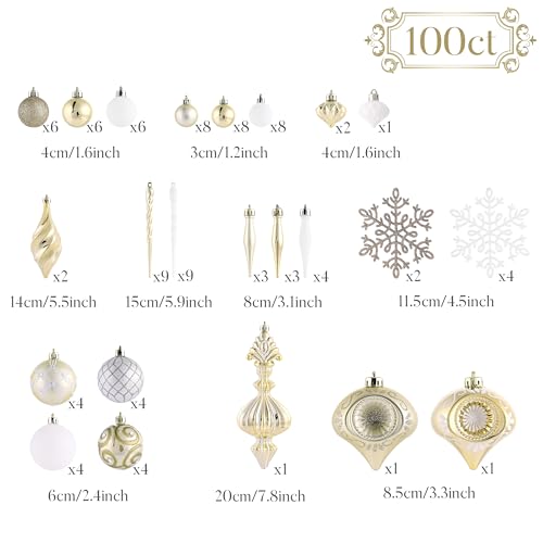 Valery Madelyn White Gold Christmas Tree Decorations Set 100pcs - Modern Holiday Ornaments