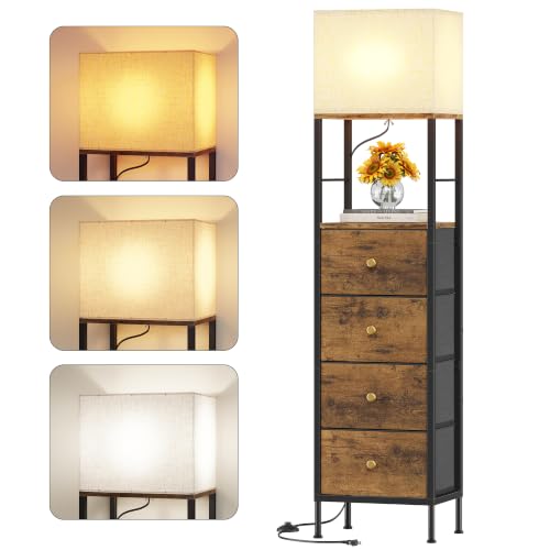 Tall Rustic Brown Nightstand with Light & 4 Fabric Drawers - 11"D x 15"W x 60.4"H
