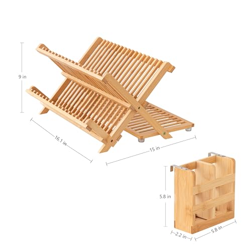 Bambooa 3-Tier Collapsible Bamboo Dish Drying Rack with Utensil Holder