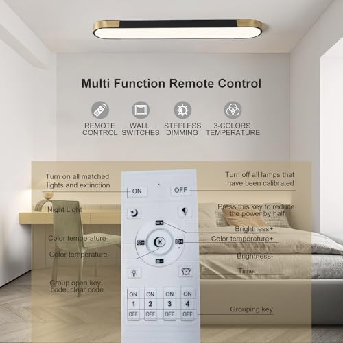 Tioolo Black and Gold Dimmable 4FT LED Ceiling Light with Remote for Kitchen & Home