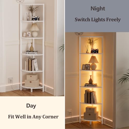 Furnulem 6-Tier Corner Shelf with LED Light - White Narrow Bookshelf
