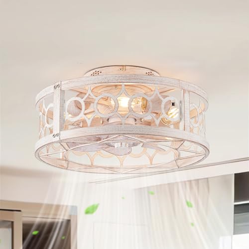 16in Caged Low Profile Ceiling Fan Light with Remote White & Gold - LEDIARY