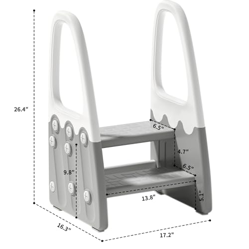 Gray Two Step Stool with Handrails for Toddler & Kids, Learning Tower for Bathroom & Potty Training