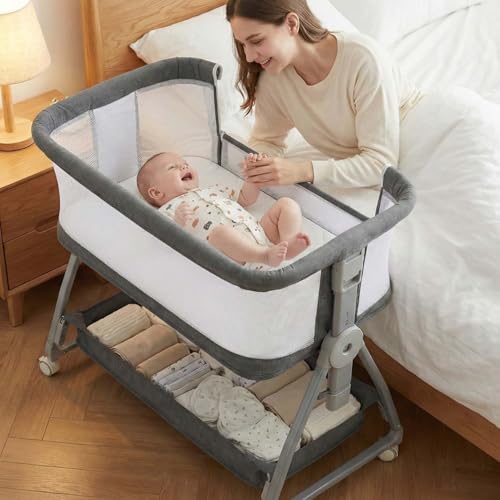 Grey 3-in-1 Bedside Bassinet for Baby with Mattress & Wheels - Adjustable Height