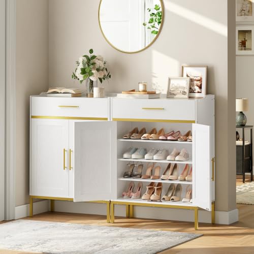 HOOBRO White & Gold 5-Tier Shoe Cabinet with Drawers - Large Wooden Entryway Organizer