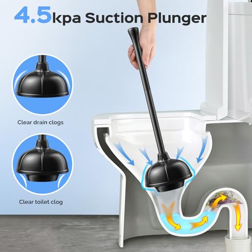 HAMITOR Black Stainless Steel Toilet Plunger and Brush Set 2-in-1 Compact Bathroom Cleaner