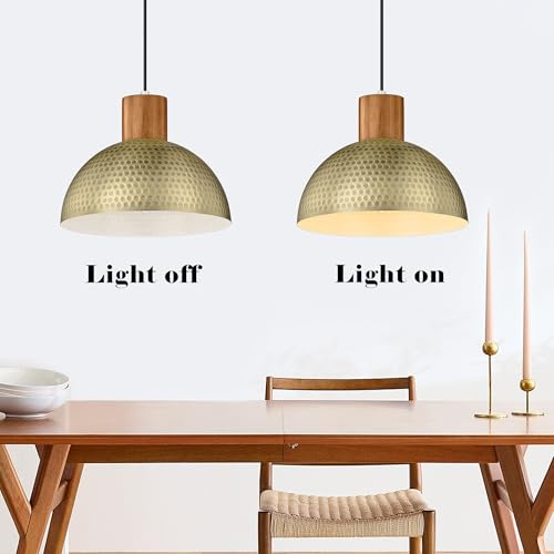 Brass 2 Pack Hammered Pendant Lights - 12” Vintage Metal & Wood Dome Hanging Lamps for Kitchen, Dining, Island, Farmhouse, Hallway