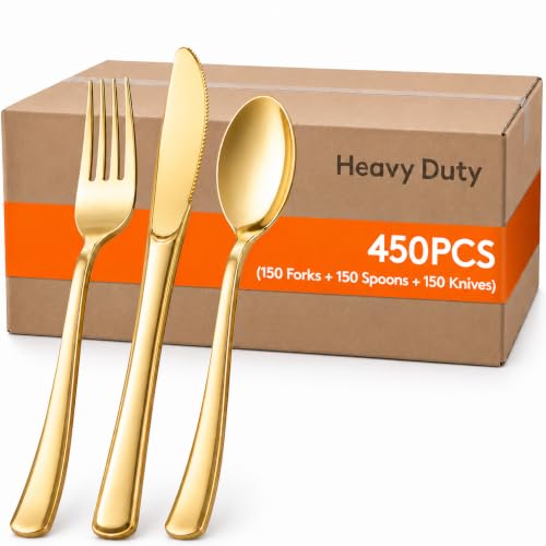 Heavy Duty Gold Plastic Disposable Utensils Set - 450 Pcs, Elegant Finish