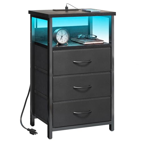 Fixwal Night Stand with 3 Drawers & Charging Station - Black, RGB LED Light, Size: 15.7"D x 11.8"W x 26.9"H