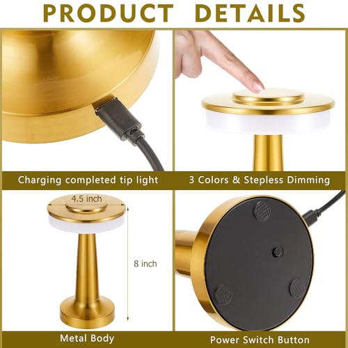 Riakrum 4-Pack Gold Rechargeable Cordless LED Table Lamps - Portable & Touch-Control