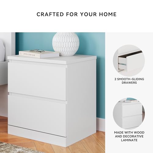 White Nightstand with 2 Drawers - Modern Minimalist Bedside Table