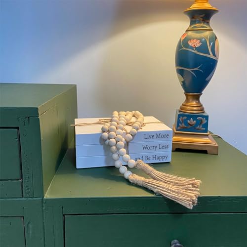 Decorative Books for Home Decor, White Faux Books for Decoration, Rustic Farmhouse Stacked Display Books with 52in Wood Bead Garland for Coffee Tables Living Room, (Happy)
