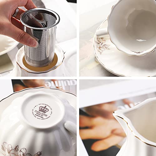 Porcelain Tea Set with Rose Flower Design - 8 OZ Cups & Saucer Service for 6, Includes Teapot Sugar Bowl Creamer & Strainer