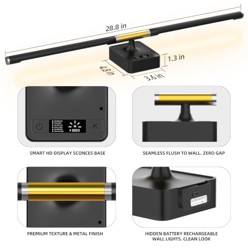 Black Gold Wall Sconce Set of 2 - Detachable Battery, 28.8 Inch, Adjustable